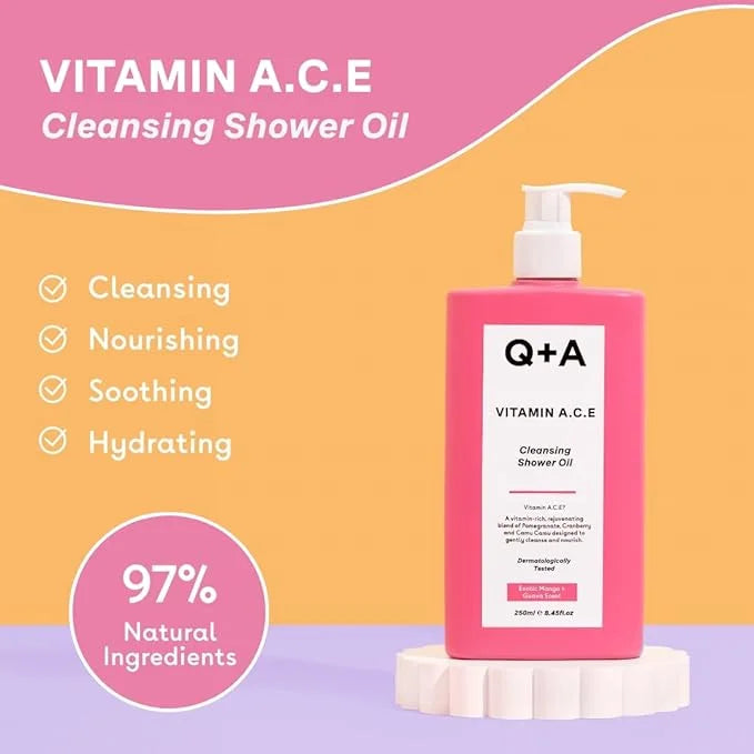 Q+A Vitamin A.C.E Cleansing Shower Oil, blend of vitamin-rich Fruit Extracts and Oils, plus a Superfood Complex supporting...