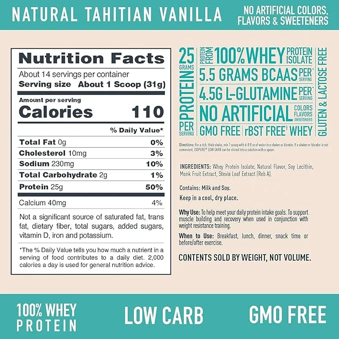 Isopure Low Carb 100% Pure Whey Isolate Protein Powder, Lactose Free, Gluten Free, With Vitamins, Tahitian Vanilla, 25g Pr...