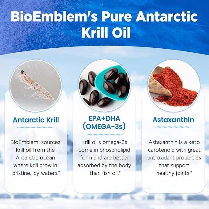 BioEmblem 3 Pack Antarctic Krill Oil 1000mg Softgels, Omega-3s Oil 180-Count Non-GMO, 90 Days