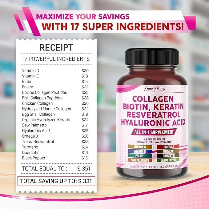 Collagen Biotin Resveratrol Saw Palmetto - Skin, Joint Health Support - Made in USA - Product Image