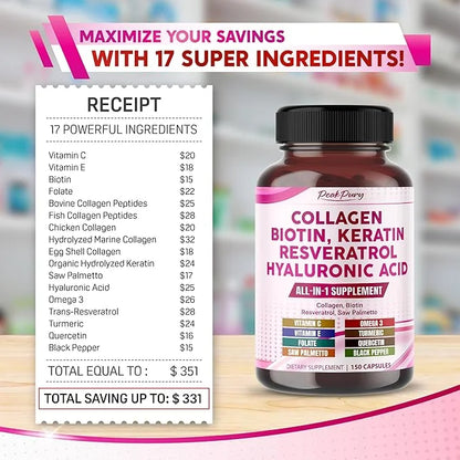 Collagen Biotin Resveratrol Saw Palmetto - Skin, Joint Health Support - Made in USA - Product Image