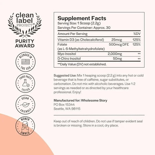 Inositol Supplement Powder with MTHF Folate + Vitamin D3 | Myo-Inositol & D-Chiro Inositol | Hormonal Balance & Healthy Ov...