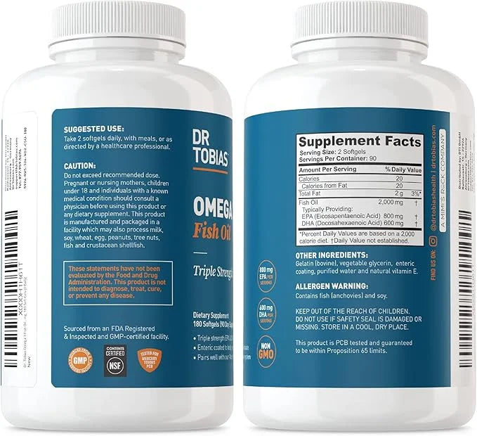 Dr. Tobias Omega 3 Fish Oil, 2000mg Triple 3 Supplement 800mg EPA 600mg DHA 3 Supplements 180 Softgels, 90 Servings