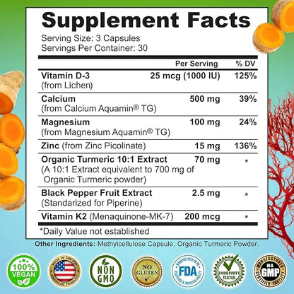 Plant-Based Calcium 500mg (Aquamin) – Vegan Calcium Magnesium Zinc D3 with Vitamin K2 & Organic Turmeric – Enhanced Bone a...