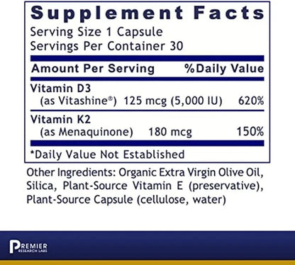 Premier Research Labs: Vitamin D3 + K2 Supplements 5000 IU 30 Plant-Source