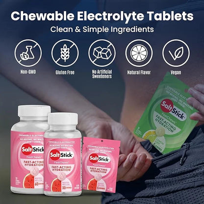 SaltStick FastChews Electrolytes - 60 Chewable Electrolyte Tablets - Watermelon - Salt Tablets for Running, Fast Hydration...
