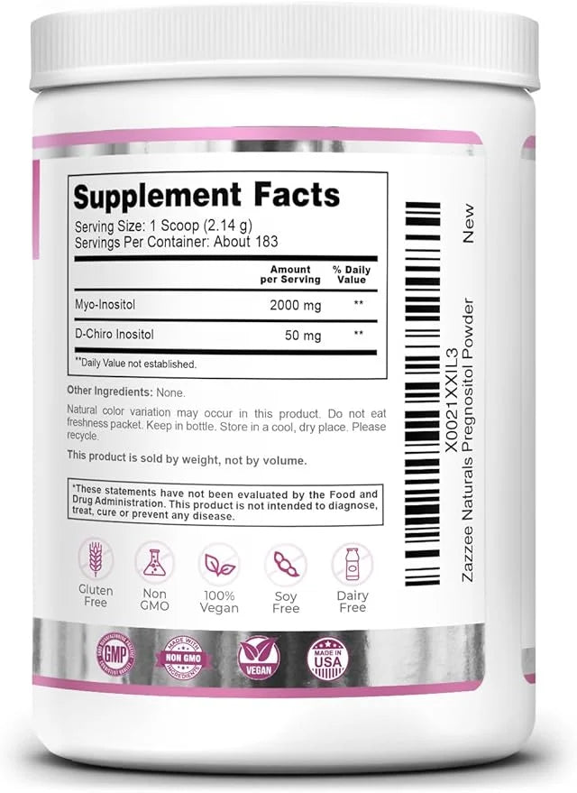 Zazzee PREGNOSITOL Powder, 6 Month Supply, Myo-Inositol and D-Chiro-Inositol 40:1 Fertility Blend, Free Scoop for Exact Do...