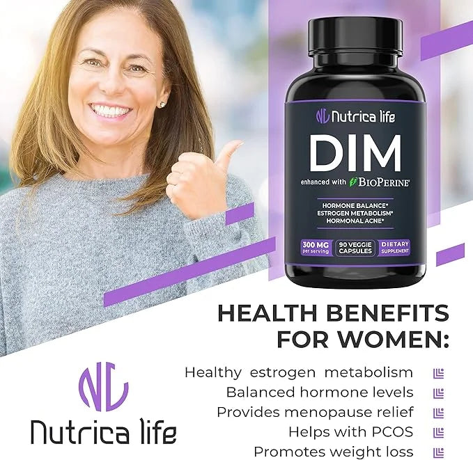 DIM Supplement 300mg - Diindolylmethane with Broccoli & BioPerine - Hormone Balance Support for Women & Men, Estrogen Meta...