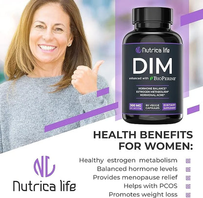 DIM Supplement 300mg - Diindolylmethane with Broccoli & BioPerine - Hormone Balance Support for Women & Men, Estrogen Meta...