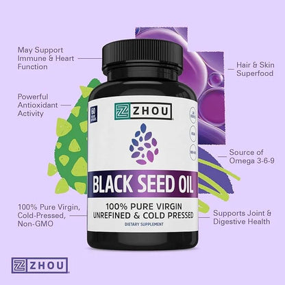 Zhou Nutrition Black Seed Oil Capsules, 100% Virgin, Cold Pressed Source of Omega 3 6 9, Super Antioxidant for Immune Supp...