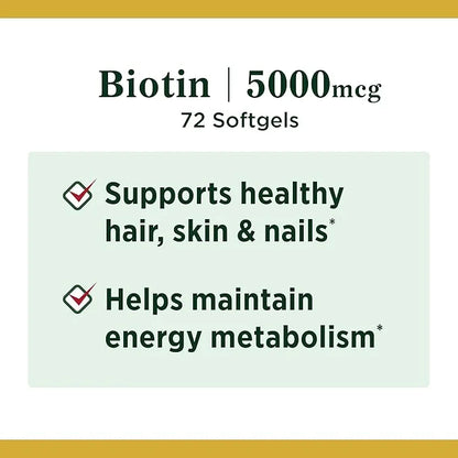 Nature's Bounty Biotin, Vitamin Supplement, Supports 5000 mcg, 72 Softgels