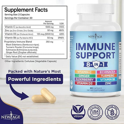 NEW AGE 8 in 1 Immune 50mg, Vitamin 5000 IU, B6, Elderberry (8 in 1 Capsules 3))