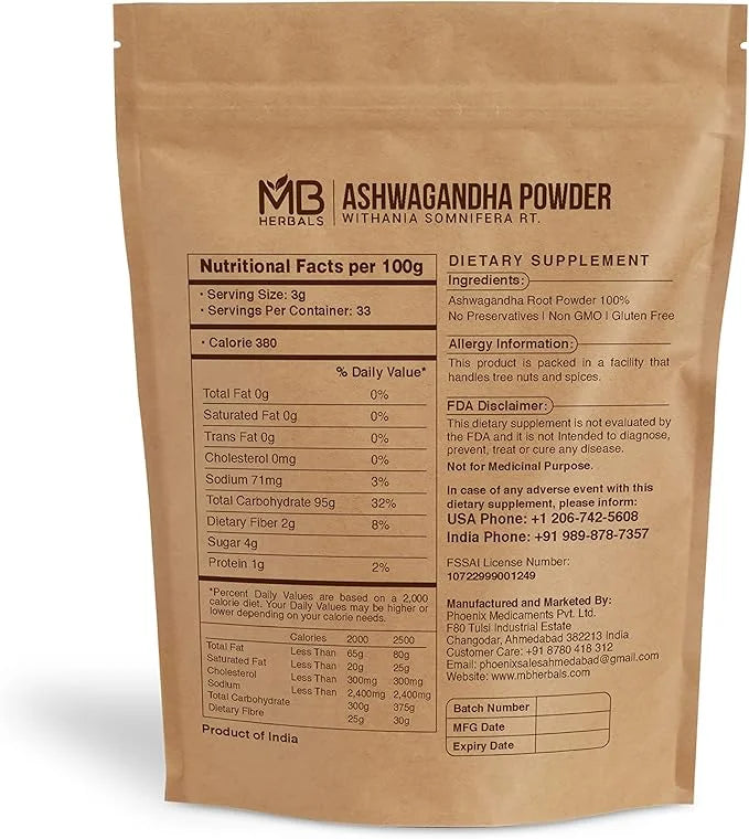 MB Herbals Pure Ashwagandha Powder 100 (3.5 oz)