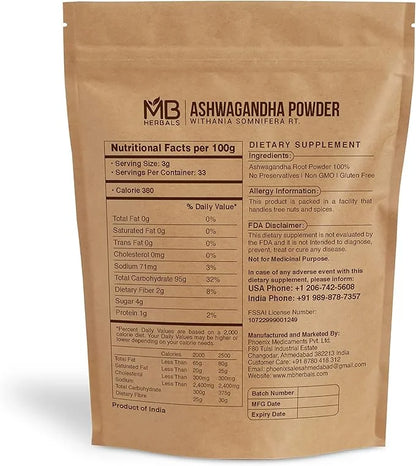 MB Herbals Pure Ashwagandha Powder 100 (3.5 oz)
