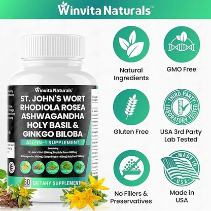 St Johns Wort 6000mg Rhodiola Rosea 6000mg Ashwagandha 3000mg Holy 2000mg Ginkgo 1000mg -