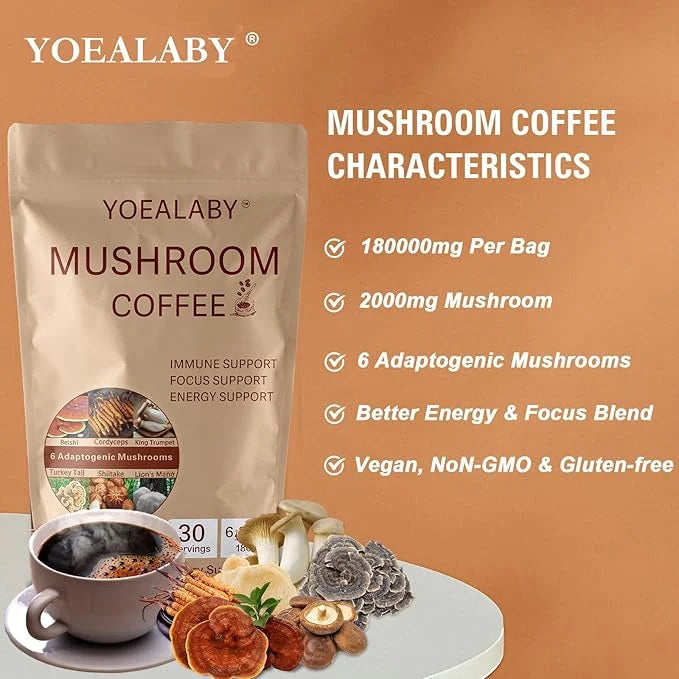 Mushroom Coffee,Organic 6 Adaptogenic Mushrooms Cordyceps, Reishi, Lion's Mane - Enhanced with MCT Oil, Non-GMO Instant Co...