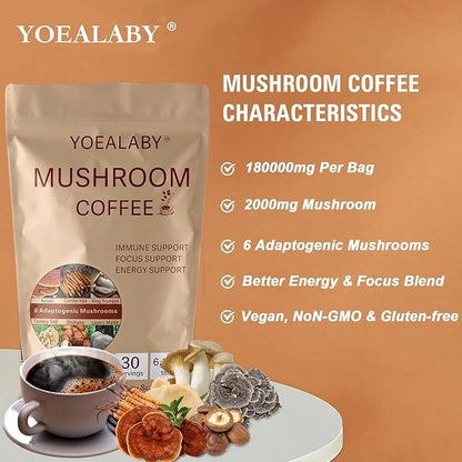 Mushroom Coffee,Organic 6 Adaptogenic Mushrooms Cordyceps, Reishi, Lion's Mane - Enhanced with MCT Oil, Non-GMO Instant Co...