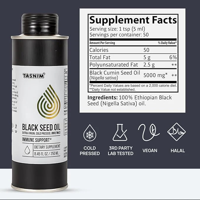 100% Ethiopian BlackSeed Oil 8.45 Oz - Cold Pressed Black Seed Oil for Immune Support, High Potency 5.7% - 21% Thymoquinon...