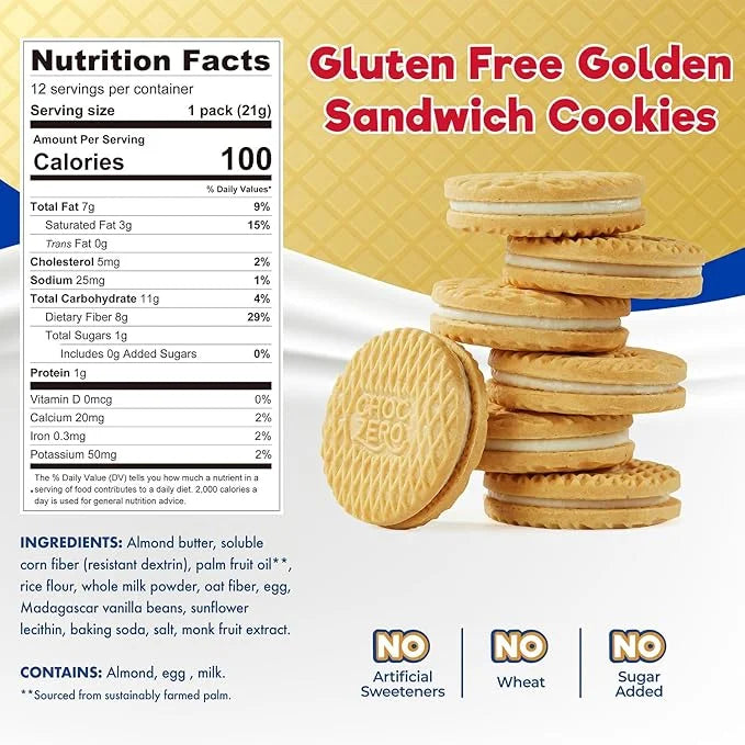 ChocZero Gluten-Free Vanilla Sandwich Cookies with Creme - Low Sugar, Keto Friendly Dunkies (1 Box, 9oz) - Product Image
