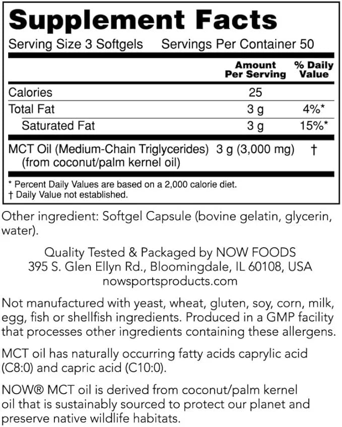 NOW Foods Sports Nutrition, MCT (Medium-chain triglycerides) Oil 1,000 mg, Weight Management, 150 Softgels - Product Image
