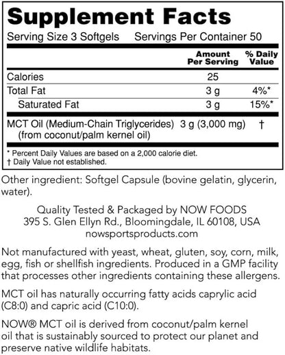 NOW Foods Sports Nutrition, MCT (Medium-chain triglycerides) Oil 1,000 mg, Weight Management, 150 Softgels - Product Image