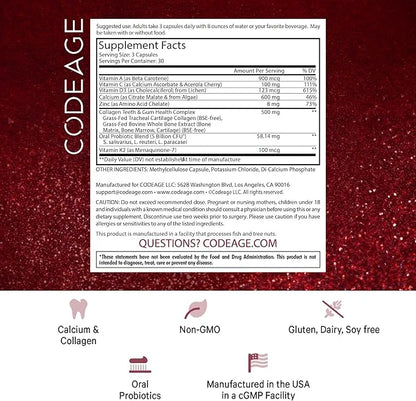 Codeage Teeth & Gums Vitamins + Oral Probiotics Supplement for Mouth - Whole Food Calcium, Collagen, Potassium, Vitamin C,...