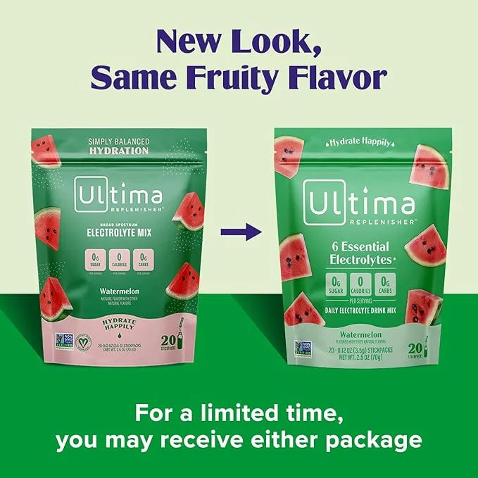 Ultima Replenisher Daily Electrolyte Powder Drink Mix – Watermelon, 20 Stickpacks – Hydration Packets with 6 Electrolytes ...