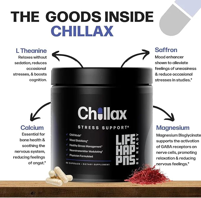 Life Happns Chillax, Calm Support Supplement, L Theanine, Magnesium, GABA and Saffron Supplements for Relaxation, Natural ...