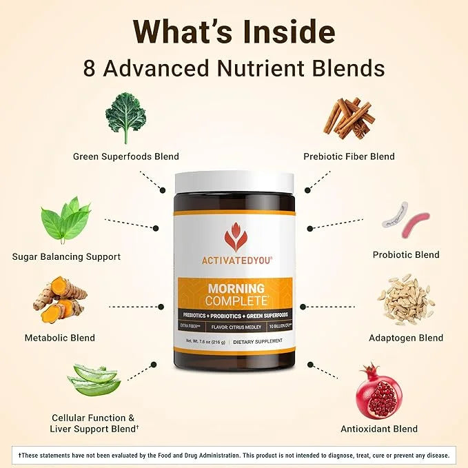 ACTIVATEDYOU Morning Complete Daily Wellness Greens Superfood Drink Mix for Gut Health w/Prebiotics, Probiotics, Antioxida...