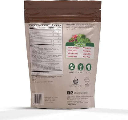 COUNTRY FARMS Super Greens Chocolate Flavor, 50 Organic Super Foods, USDA Organic Drink Mix (Wheat Grass, Spirulina, Chlor...