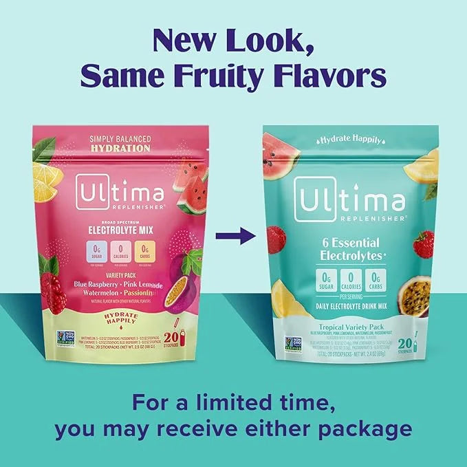 Ultima Replenisher Daily Electrolyte Powder Drink Mix – Tropical Variety, 20 Stickpacks – Hydration Packets with 6 Electro...