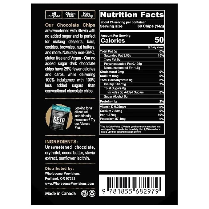 Sugar Free Large Chocolate Chips, Stevia Sweetened, 12 oz. Value Size, Non-GMO, Vegan, Keto, Low Carb, 60% Cocoa, All Natu...
