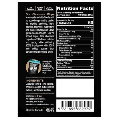 Sugar Free Large Chocolate Chips, Stevia Sweetened, 12 oz. Value Size, Non-GMO, Vegan, Keto, Low Carb, 60% Cocoa, All Natu...