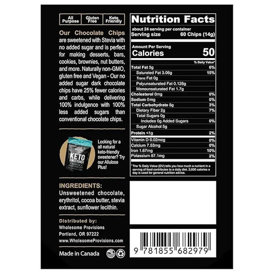 Sugar Free Large Chocolate Chips, Stevia Sweetened, 12 oz. Value Size, Non-GMO, Vegan, Keto, Low Carb, 60% Cocoa, All Natu...