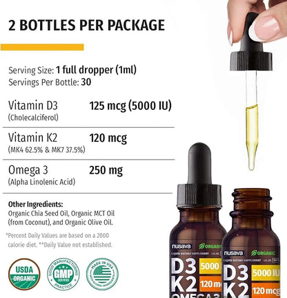 (2 Pack) Organic Vitamin D3 K2 Drops with MCT Oil, Omega 3, 5000 IU - Vitamin D Liquid, No Fillers, Non-GMO D3 for Body’s ...
