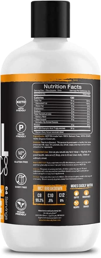 Intentionally Bare Pure C8 MCT Oil Organic - Brain Octane C8 MCT Oil for Keto Paleo & Vegan Diet - Unflavored MCT Oil C8 f...