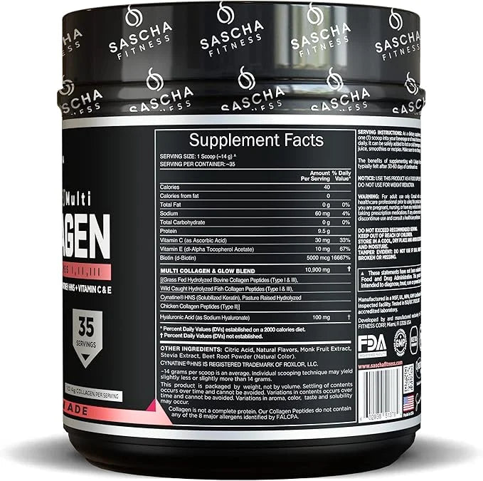 SASCHA FITNESS Hydrolyzed Multi Collagen Peptides 1,2 & 3 |Hyaluronic
