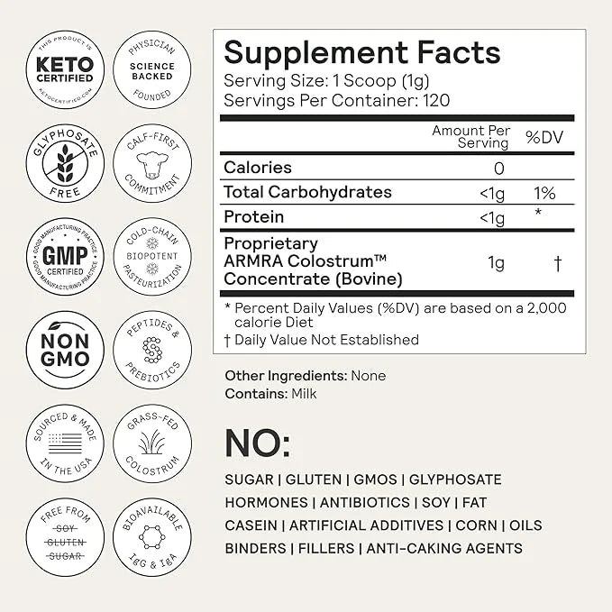 ARMRA Colostrum™ Premium Powder, Grass Fed, Gut Health Bloating Immunity Skin & Hair, Contains 400+ Bioactive Nutrients, P...