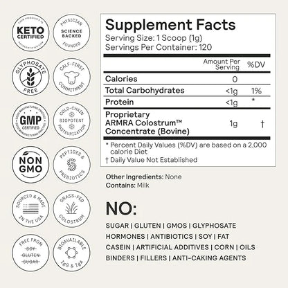 ARMRA Colostrum™ Premium Powder, Grass Fed, Gut Health Bloating Immunity Skin & Hair, Contains 400+ Bioactive Nutrients, P...