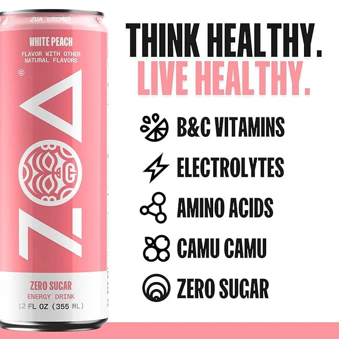 ZOA Zero Sugar Energy Drinks, White Peach - Sugar Free with Electrolytes, Healthy Vitamin C, Amino Acids, Essential B-Vita...