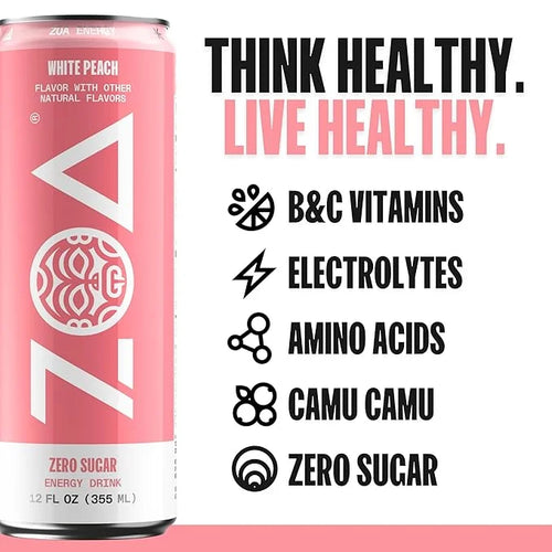 ZOA Zero Sugar Energy Drinks, White Peach - Sugar Free with Electrolytes, Healthy Vitamin C, Amino Acids, Essential B-Vita...