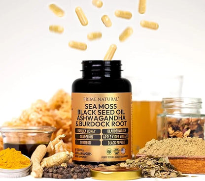 Sea Moss 3000mg Black Seed Oil 2000mg Ashwagandha 1000mg Turmeric 1000mg Bladderwrack 1000mg Burdock 1000mg Manuka 120 Cap...