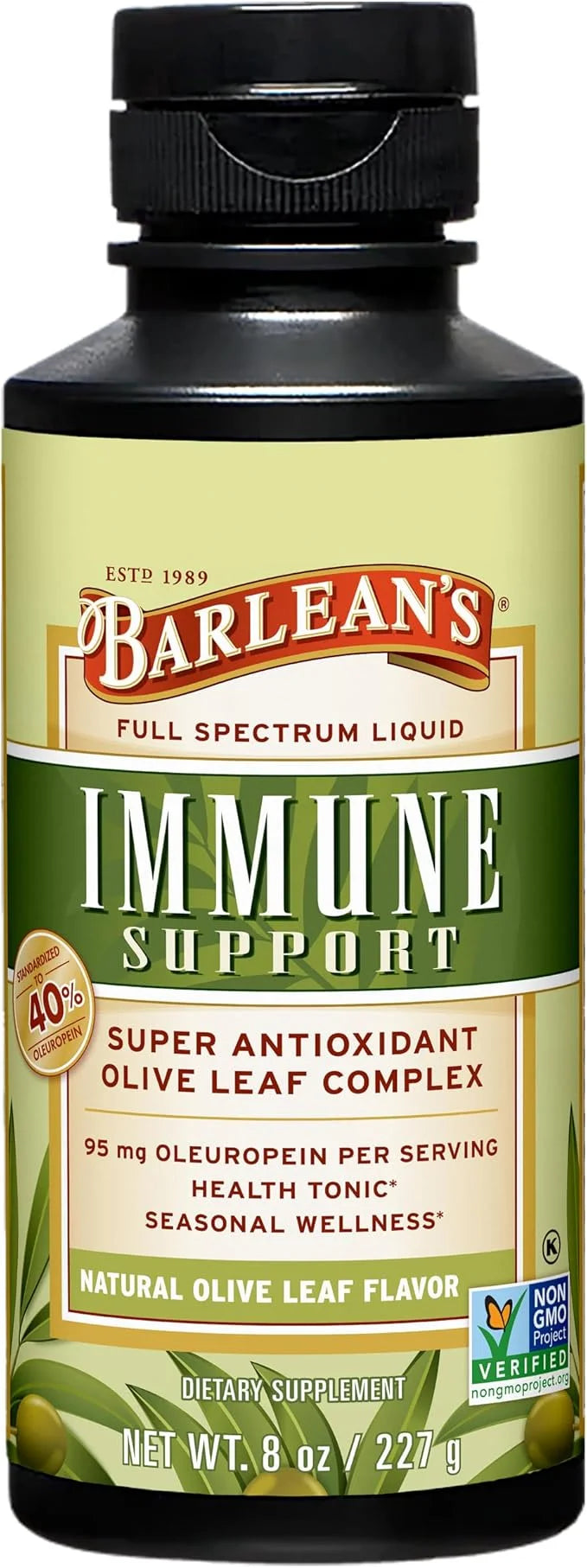 Barlean's Olive Leaf Complex Liquid Immune Support Supplement with 95mg Oleuropein Antioxidants, 8 Ounce - Product Image