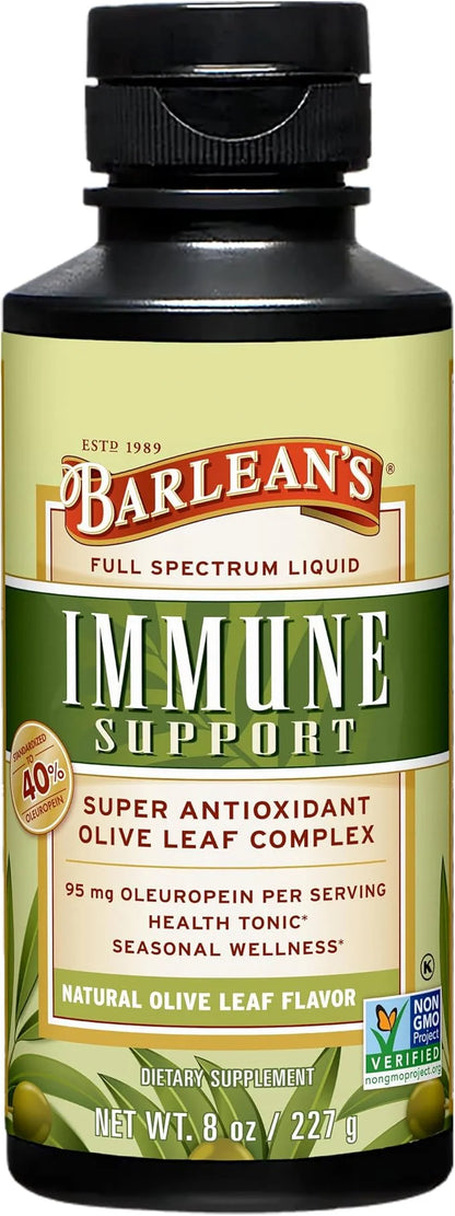 Barlean's Olive Leaf Complex Liquid Immune Support Supplement with 95mg Oleuropein Antioxidants, 8 Ounce - Product Image