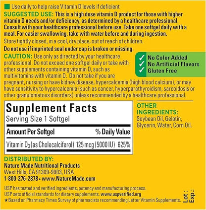 Nature Made Extra Strength Vitamin D3 5000 IU (125 mcg), 180 Softgels, 180 Day