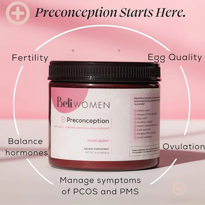 Beli Preconception Supplement for Fertility, Egg Quality, PCOS, Hormones, and Ovulation. Berry Flavored Drink Mix Powder -...