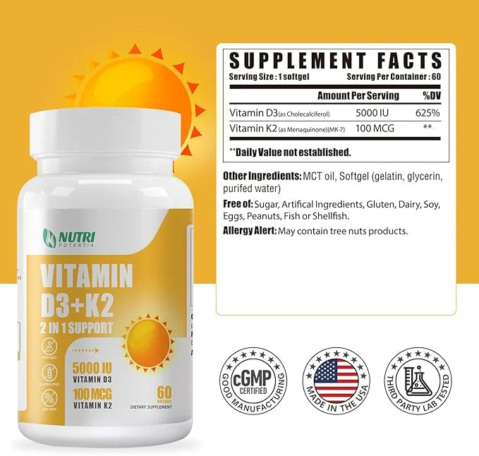 Vitamin D3 K2 with MCT Oil, Vitamin D3 5000 IU and K2 100mcg, Formula 2 in 1 for Bone and Heart Health, Gluten Free - 60 C...