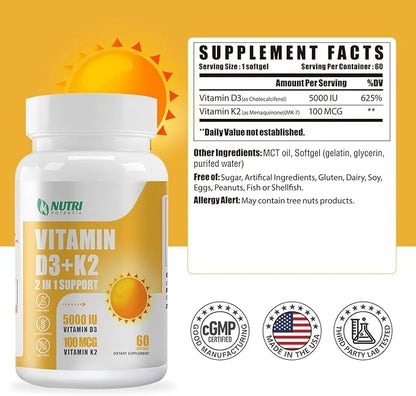 Vitamin D3 K2 with MCT Oil, Vitamin D3 5000 IU and K2 100mcg, Formula 2 in 1 for Bone and Heart Health, Gluten Free - 60 C...