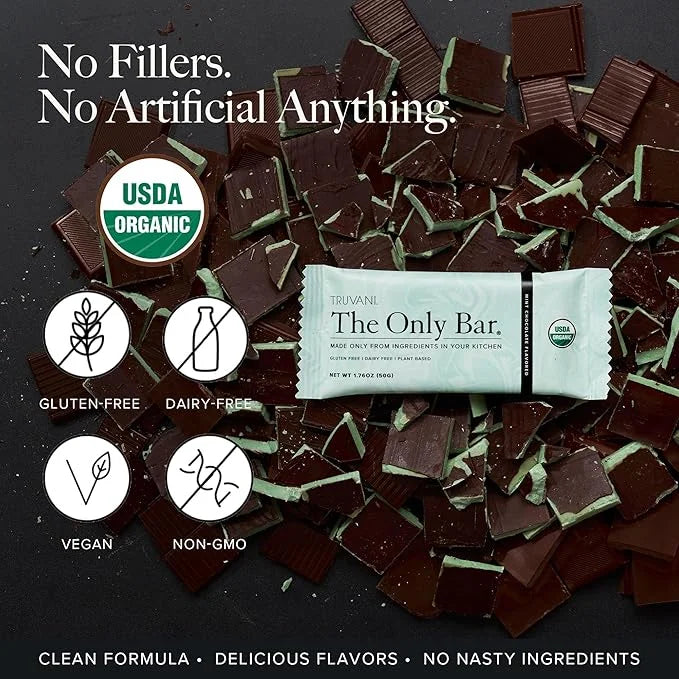 Truvani Plant Based Snack Bars | Chocolate Mint 12 Pack | 7g Protein | USDA Organic and Vegan | The Only Bar | Dairy, Soy,...
