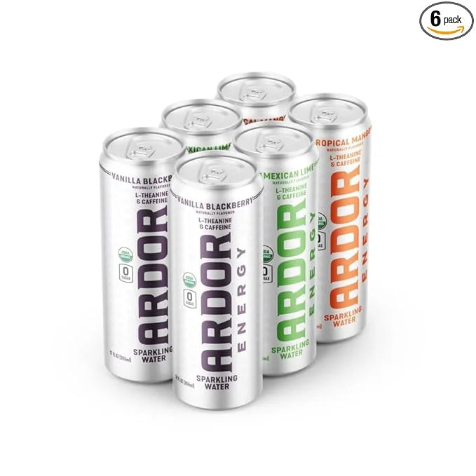 ARDOR ENERGY Sparkling Water 6 pack Sampler. 100mg Organic Caffeine from Green Tea & 200mg Organic L-Theanine (Focus & Cal...